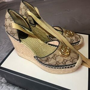 Gucci Pilar GG Ankle Tie Espadrille Platform Wedge
